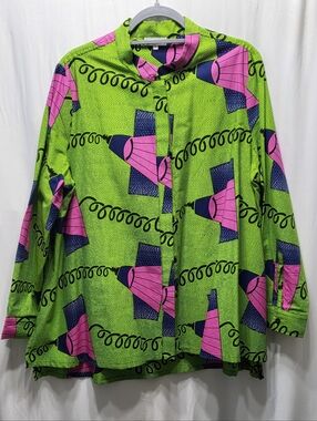 Zuri XL Button-Up Shirt in Neon Green & Bright Pink Abstract Print